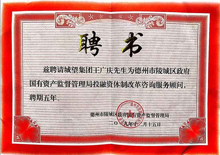 再获殊荣，实力见证——我集团总裁王广庆受聘为陵城区国资局常年顾问